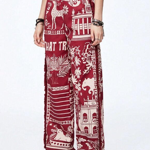 Multicolor Casual Women's Exotic Style Printed Tassel Baggy Pants - Picture 6 of 6